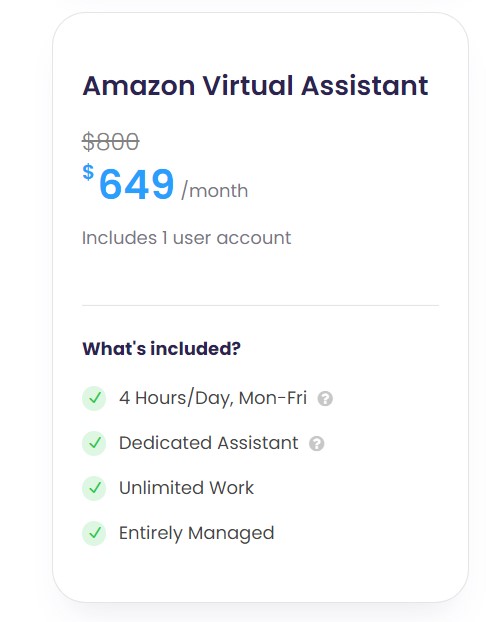 Wing's Amazon Virtual Assistant package for 4 hours a day and 1 user account - $649 per month