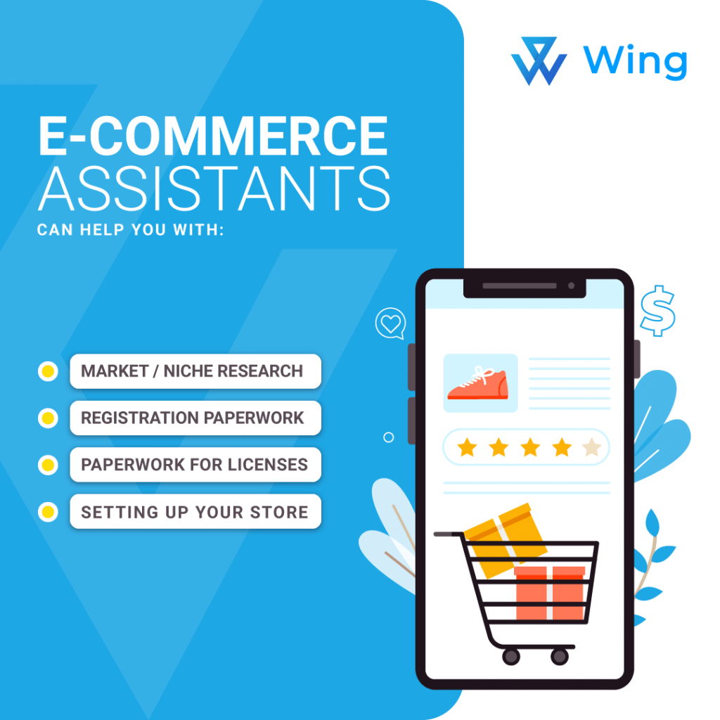 list of tasks e-commerce assistants can help with, like market or niche research, registration paperwork, paperwork for licenses, and setting up an online store