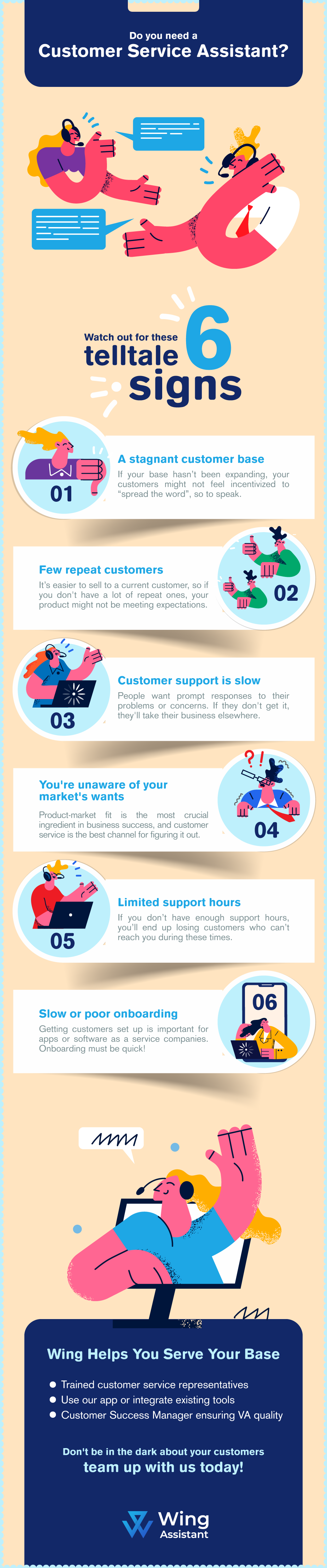 a visual representation of the 6 signs a team needs a customer service assistant